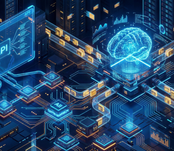 epresentación futurista de APIs de web scraping extrayendo datos estructurados para IA